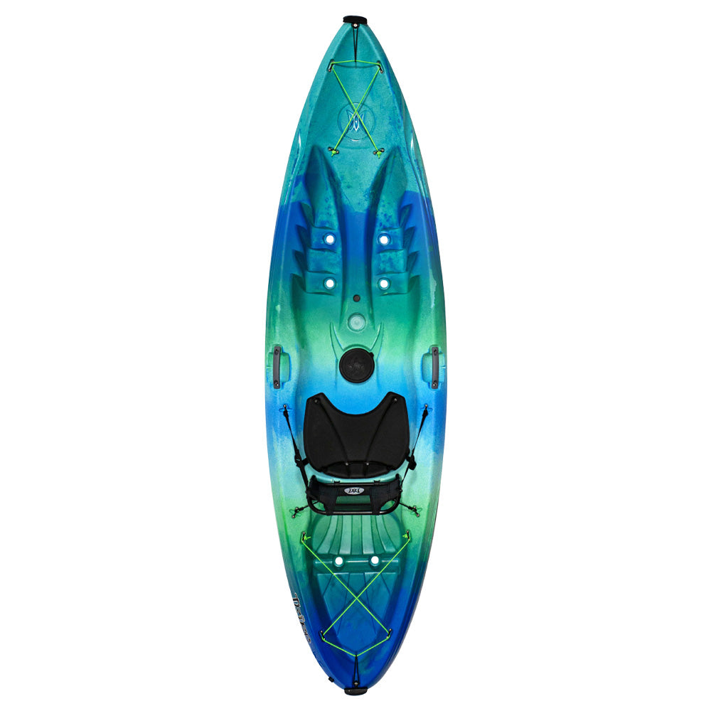 Top view of a green and blue sit-on-top kayak with a padded seat, storage compartments, and bungee cords for securing items.