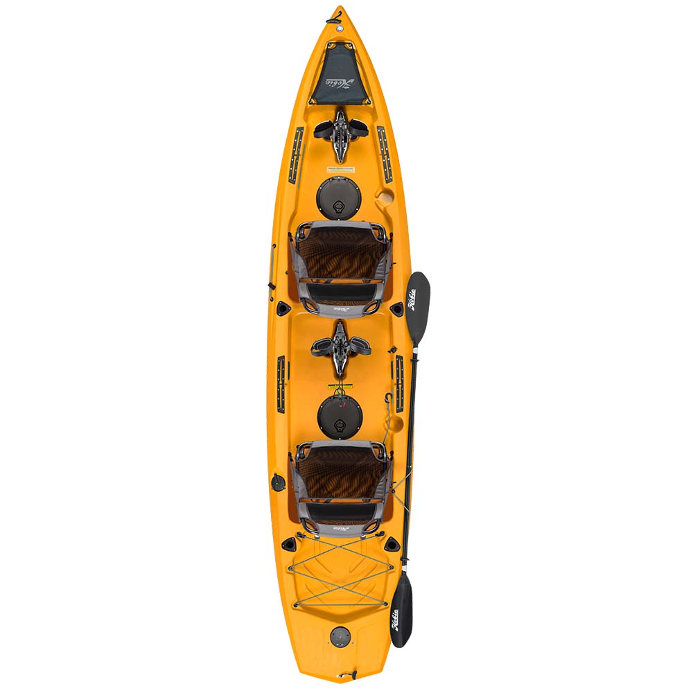 Aerial view of a yellow, three-seat fishing kayak with paddles and seating gear.
