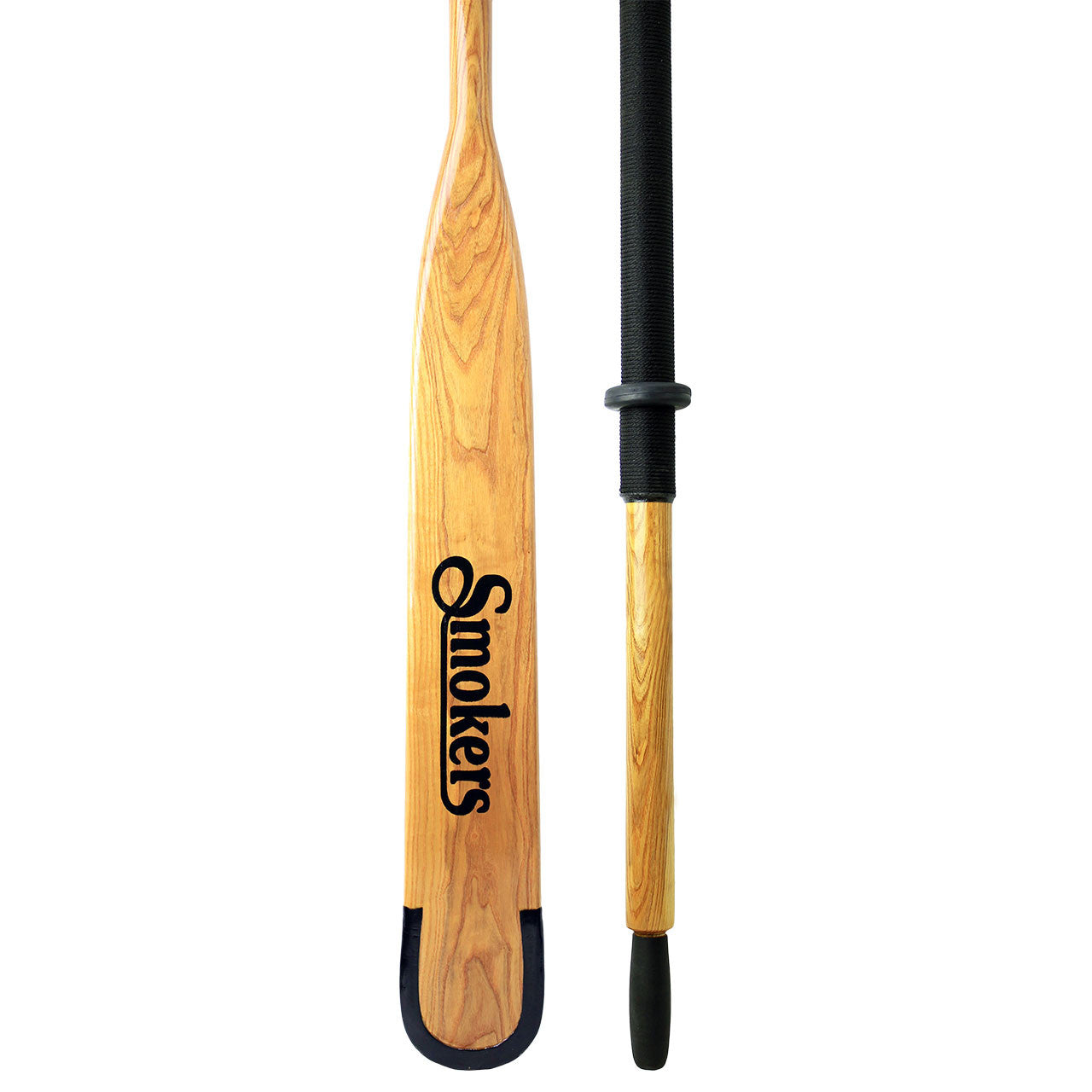 A wooden oar with the word "Smokers" printed on the blade, shown next to its handle with a black grip and rubber end.