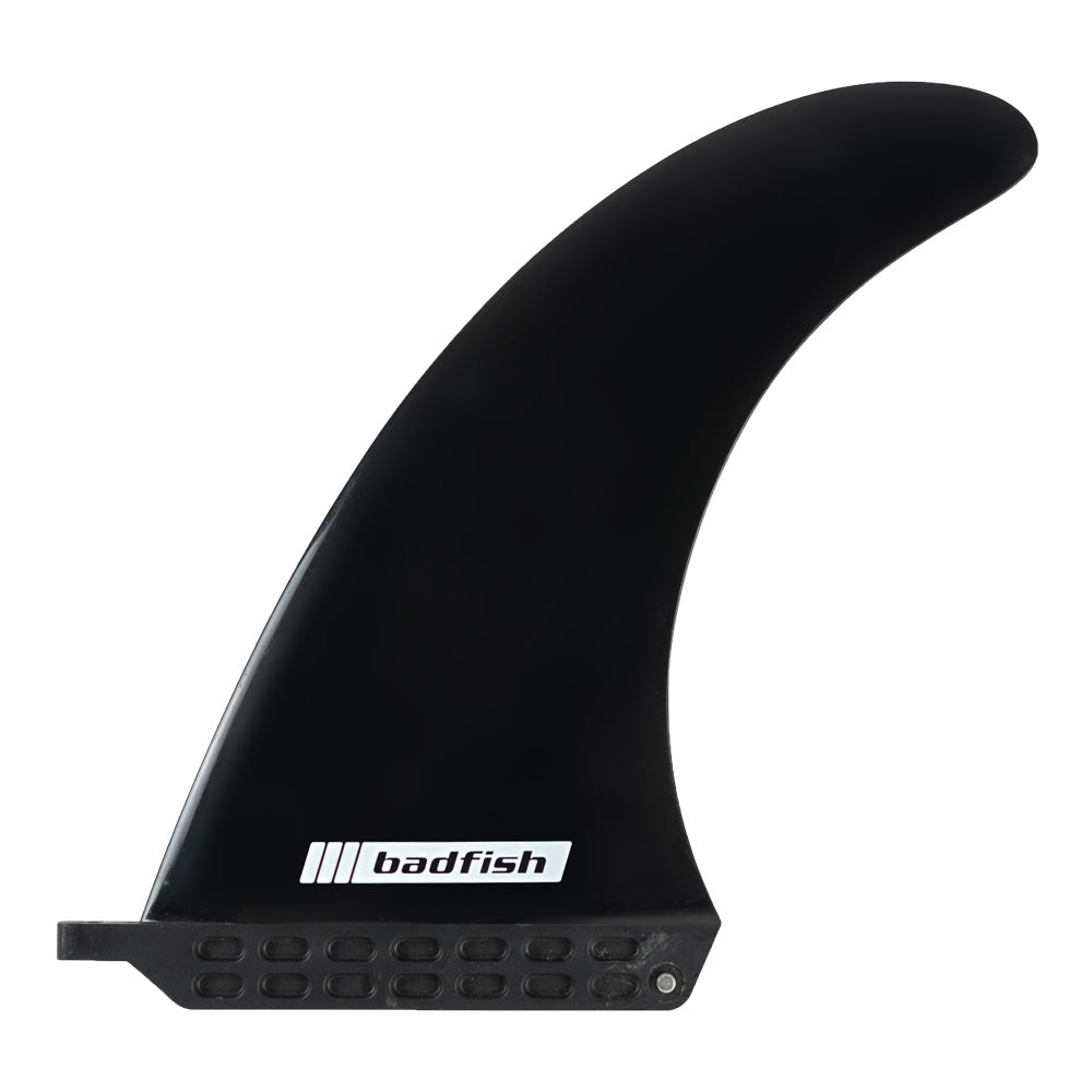 A black surfboard fin labeled “badfish,” featuring a streamlined design with a flat base for attachment.