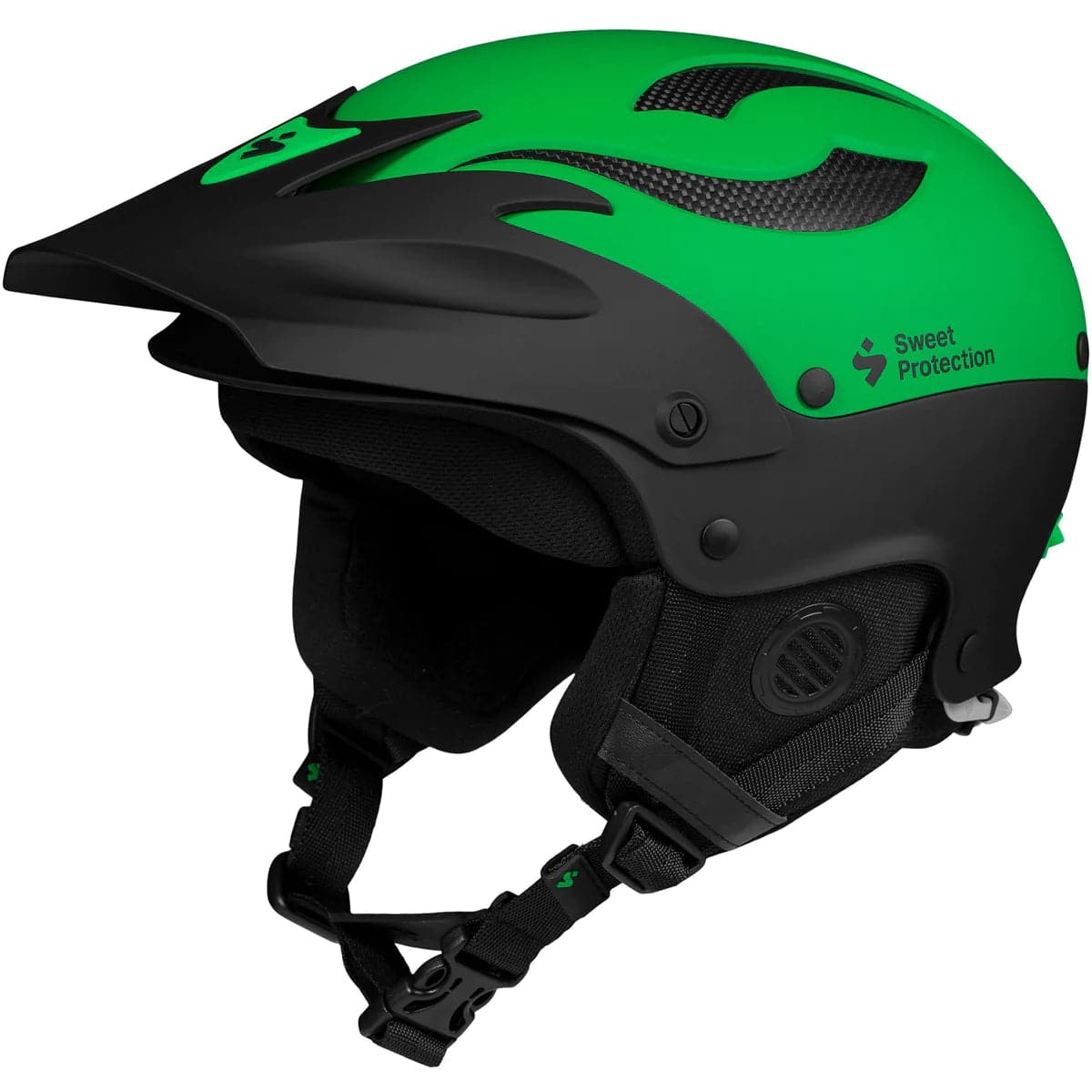 A green and black helmet on a white background.