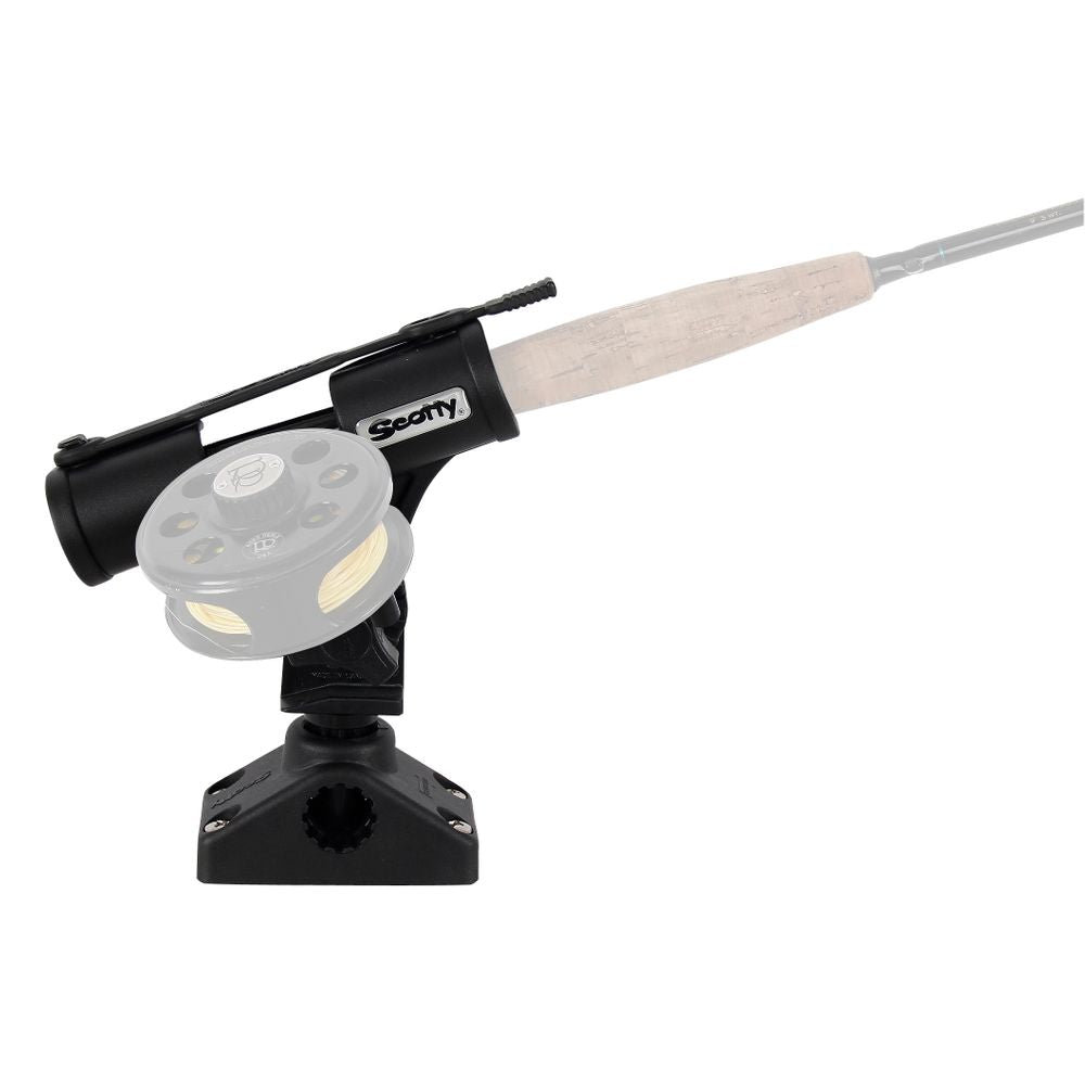 A black Scotty Baitcaster rod holder mounted on a base with a partially visible fishing rod secured in place.