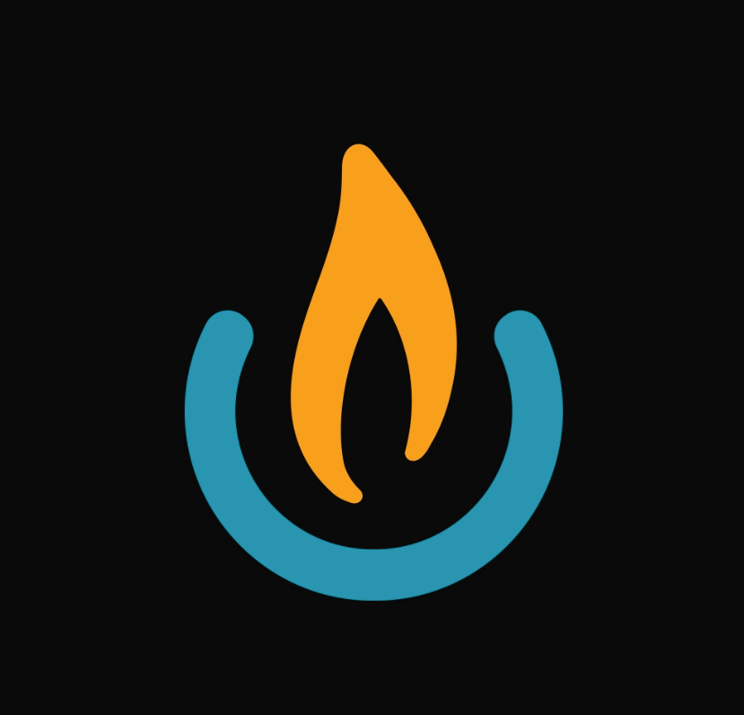A stylized logo with an orange flame above a blue semicircle, set against a black background.