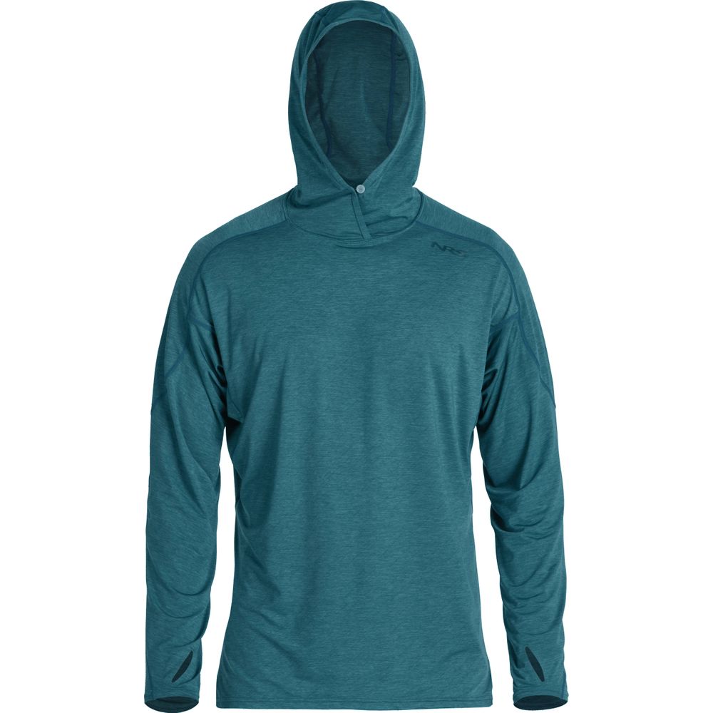 A teal, long-sleeve hooded shirt with the logo "NRS" on the left shoulder.