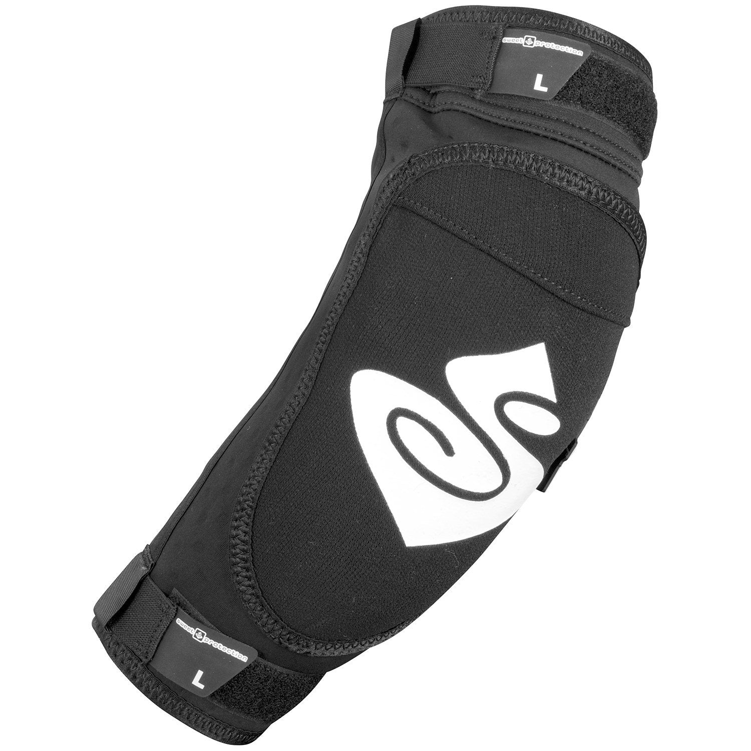 A black and white elbow guard with a white logo.