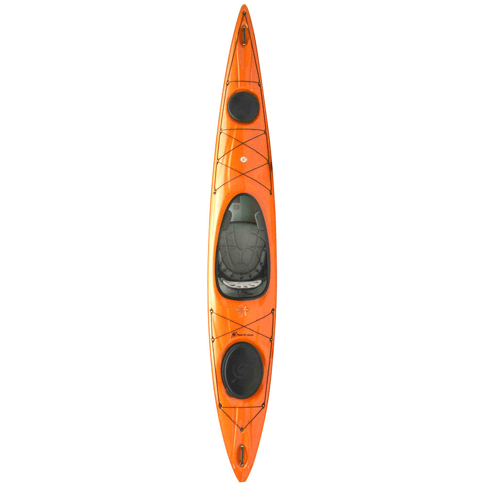 Top view of an orange, single-seat touring kayak with storage compartments and bungee cords on the deck.