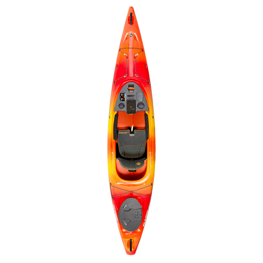 Top view of a kayak with a red and orange gradient color, featuring a seat, footrests, and storage compartments.