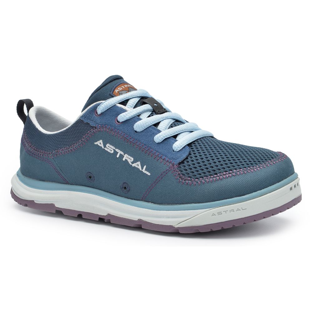 A blue and gray athletic shoe with white laces and a white and gray sole. The brand name "Astral" is visible on the side.