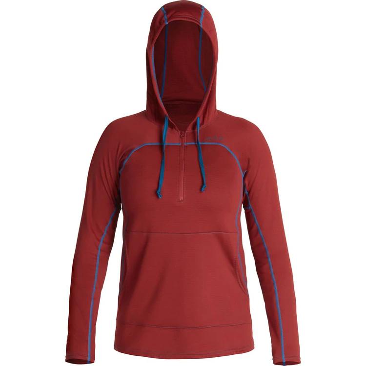 A red long-sleeve hooded pullover with blue stitching and drawstrings, featuring a front pocket and a partial zip neckline.