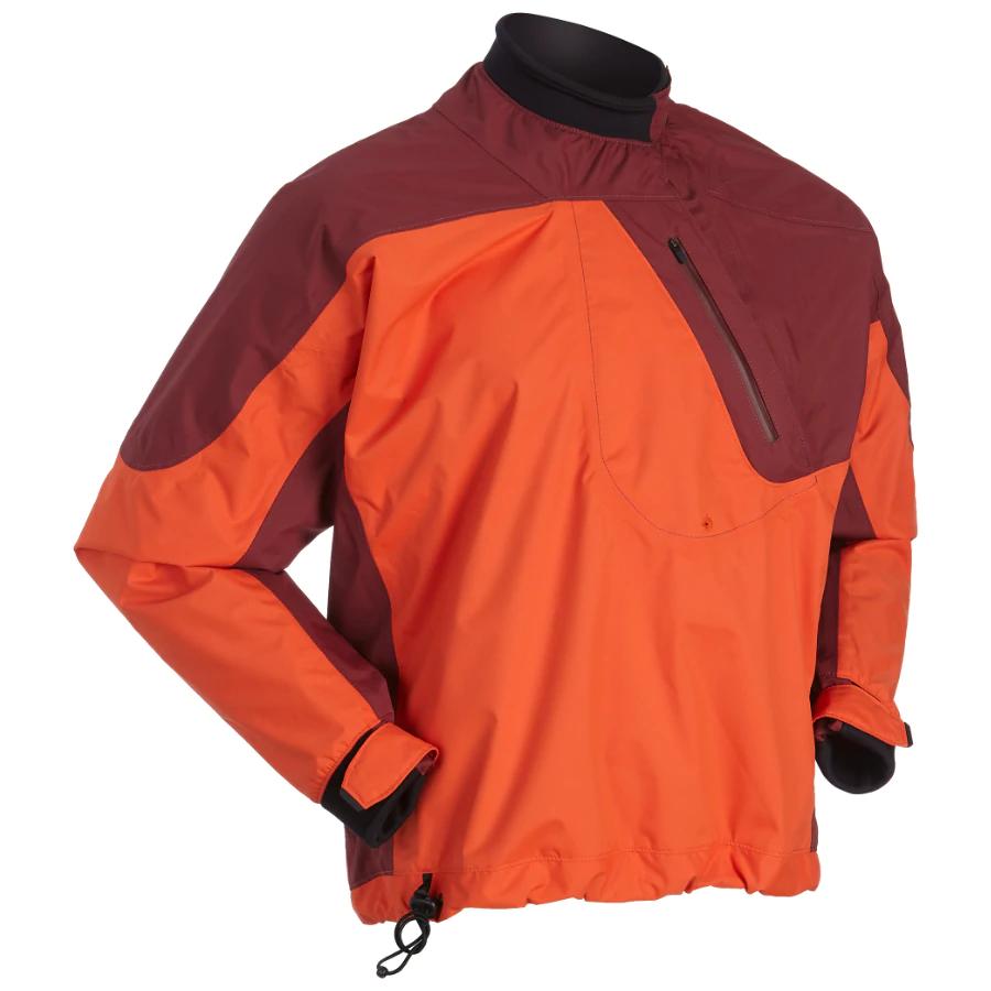 A bright orange and burgundy waterproof jacket with a zippered chest pocket and adjustable cuffs displayed on a black mannequin torso.