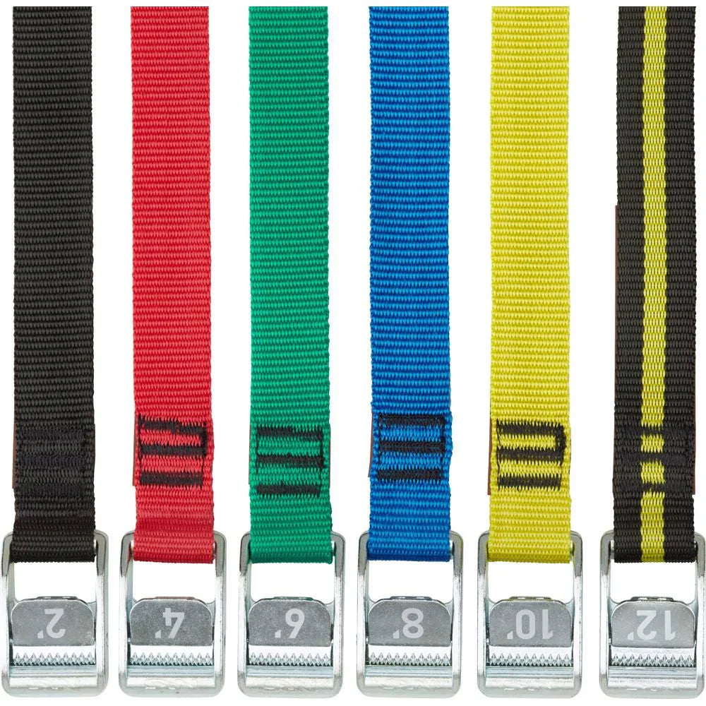 Six colored lashing straps with numbers 2, 4, 6, 8, 10, and 12 on the metal buckles, arranged in a row from left to right. Colors are black, red, green, blue, yellow, and black with yellow stripes.