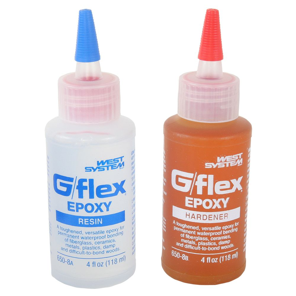 Two bottles of g-flex epoxies on a white background.