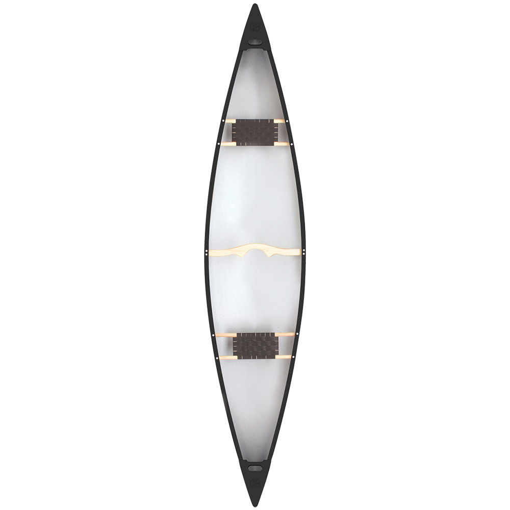 Looking down on a two person canoe.