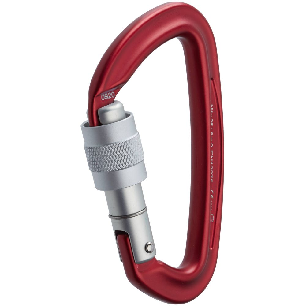 A red oval carabiner with a silver screw-lock mechanism, designed for climbing or securing equipment. The carabiner has specifications and a serial number engraved on its body.