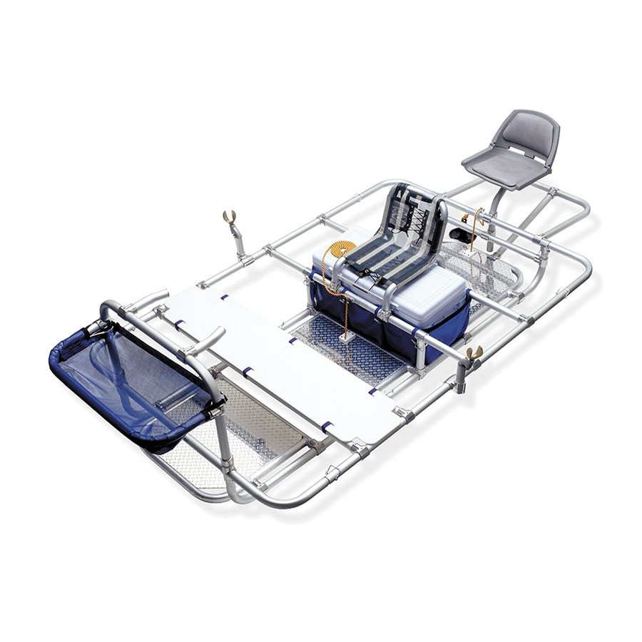 A lightweight aluminum pontoon fishing raft with adjustable seats, rod holders, and storage compartments, designed for stability and convenience on the water.