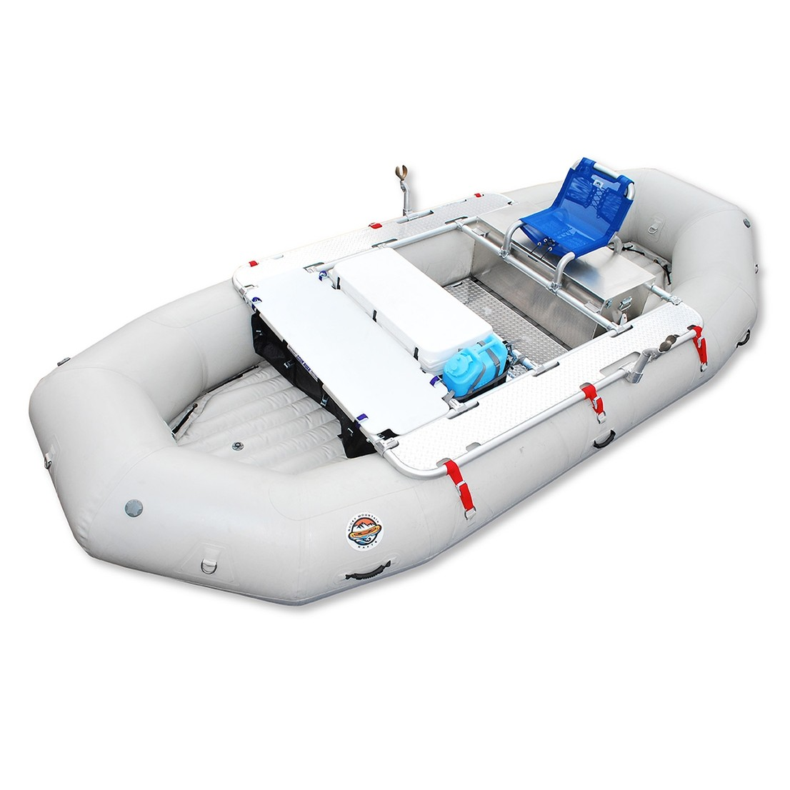 Inflatable gray raft with a blue seat, white platform, and red safety straps, designed for water activities.