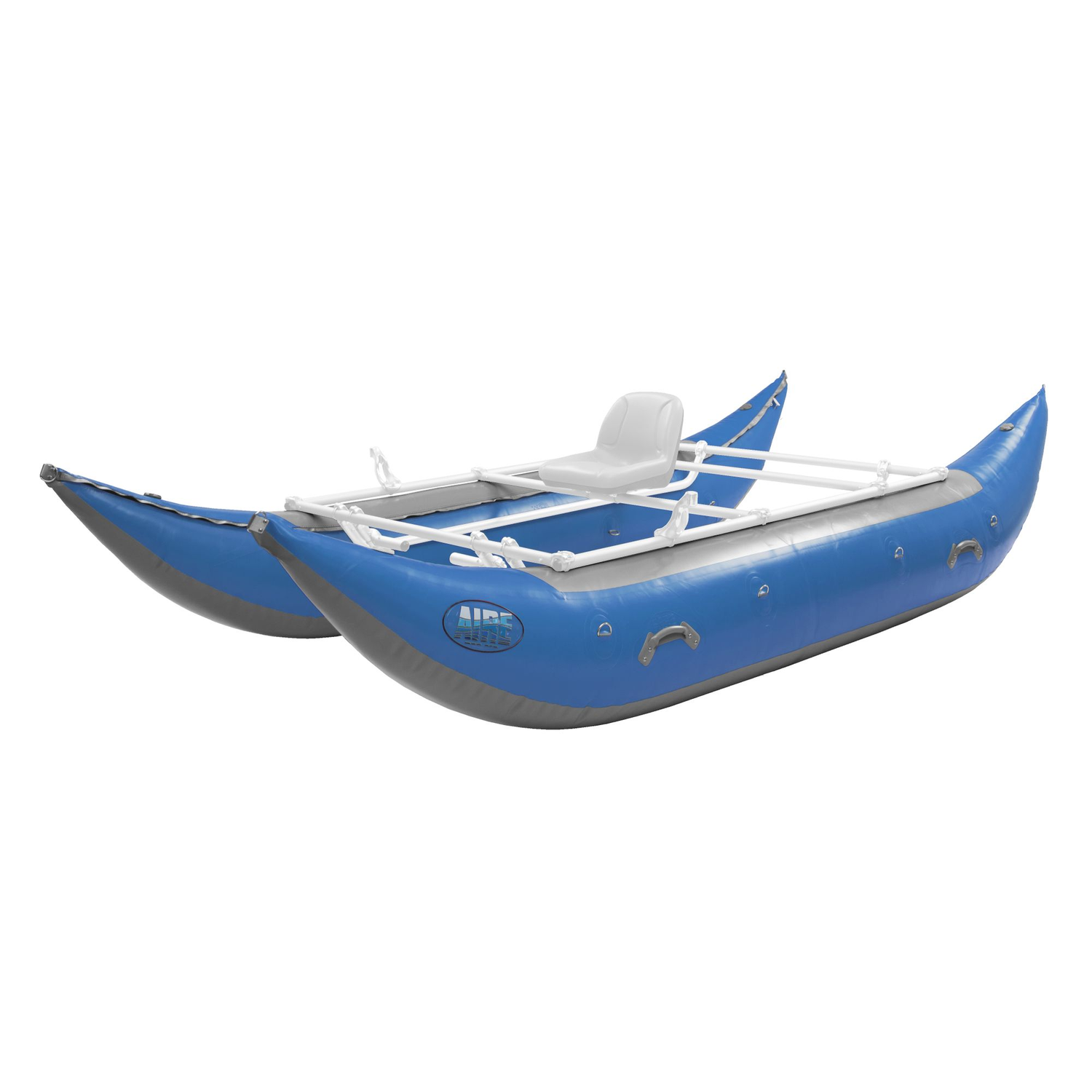 A blue inflatable cataraft with a white frame and a single seat, featuring the Aire logo on the side.