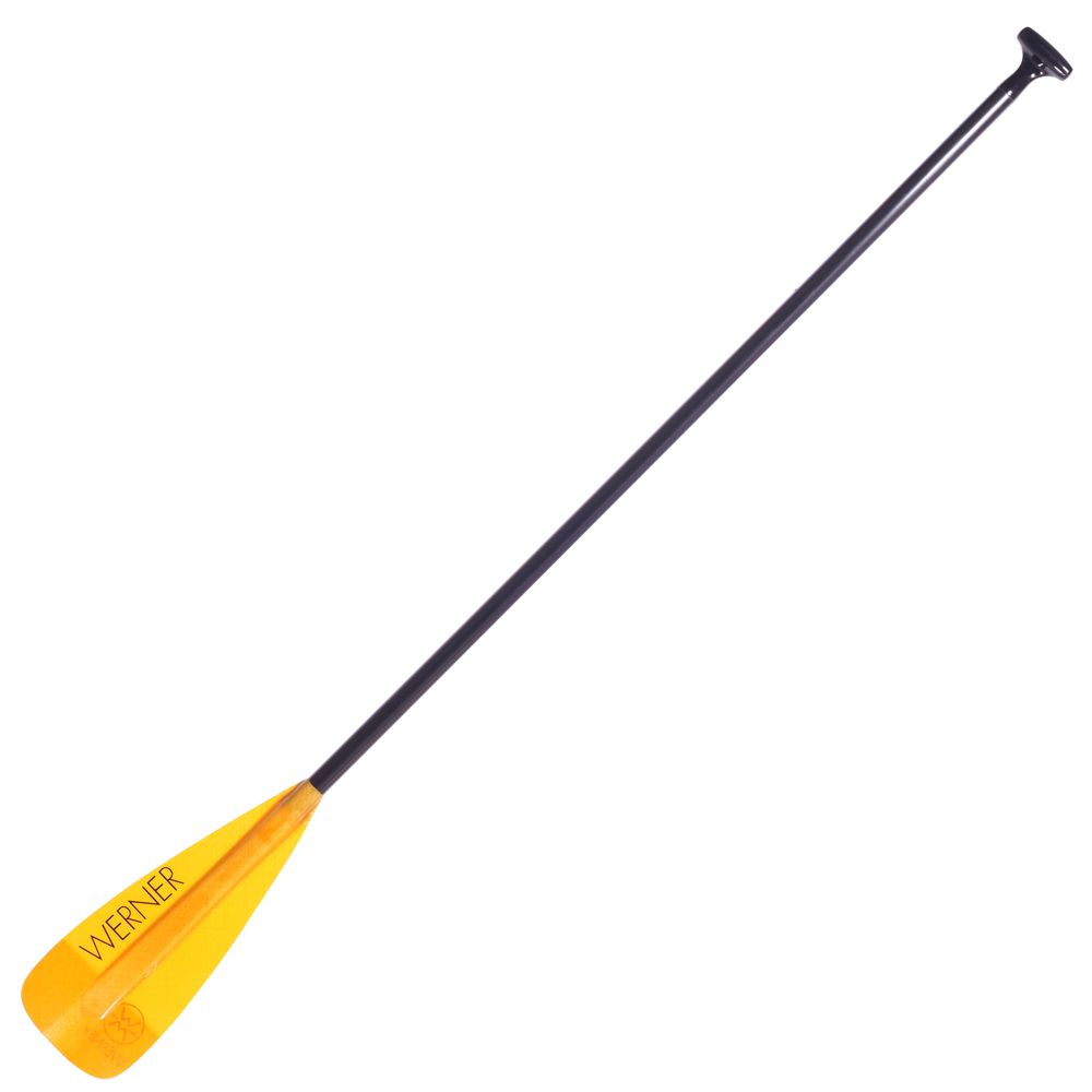 A lightweight paddle with an orange blade and a black shaft labeled "WERNER.