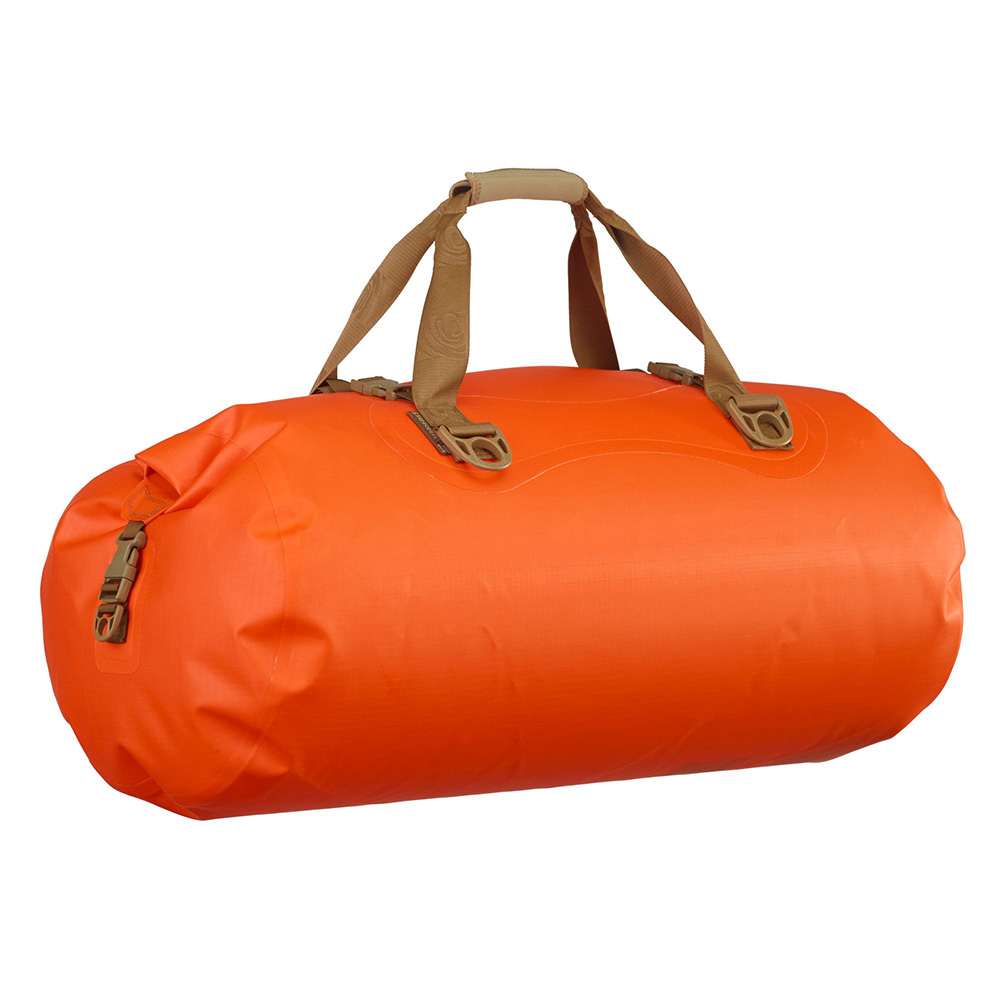 An orange waterproof duffel bag with brown handles and buckle clasps.