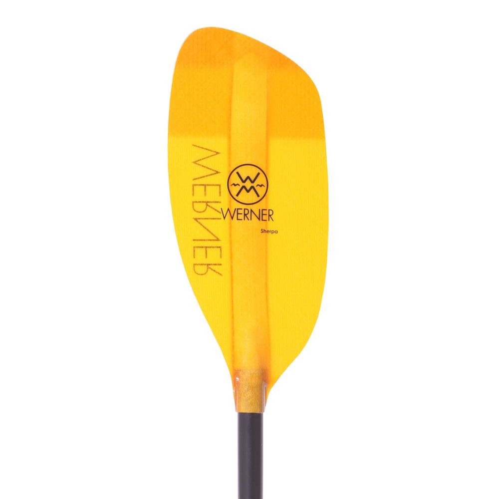 Yellow Werner kayak paddle blade with black Werner logo and text.