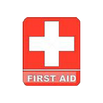 Red first aid sign with a white cross in the center and "FIRST AID" text at the bottom.