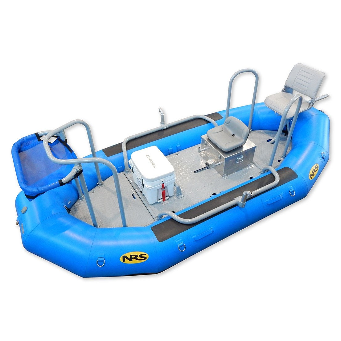 A blue inflatable fishing raft with two seats, a cooler, a metal frame, and various fishing accessories. The raft has the NRS logo on the side.