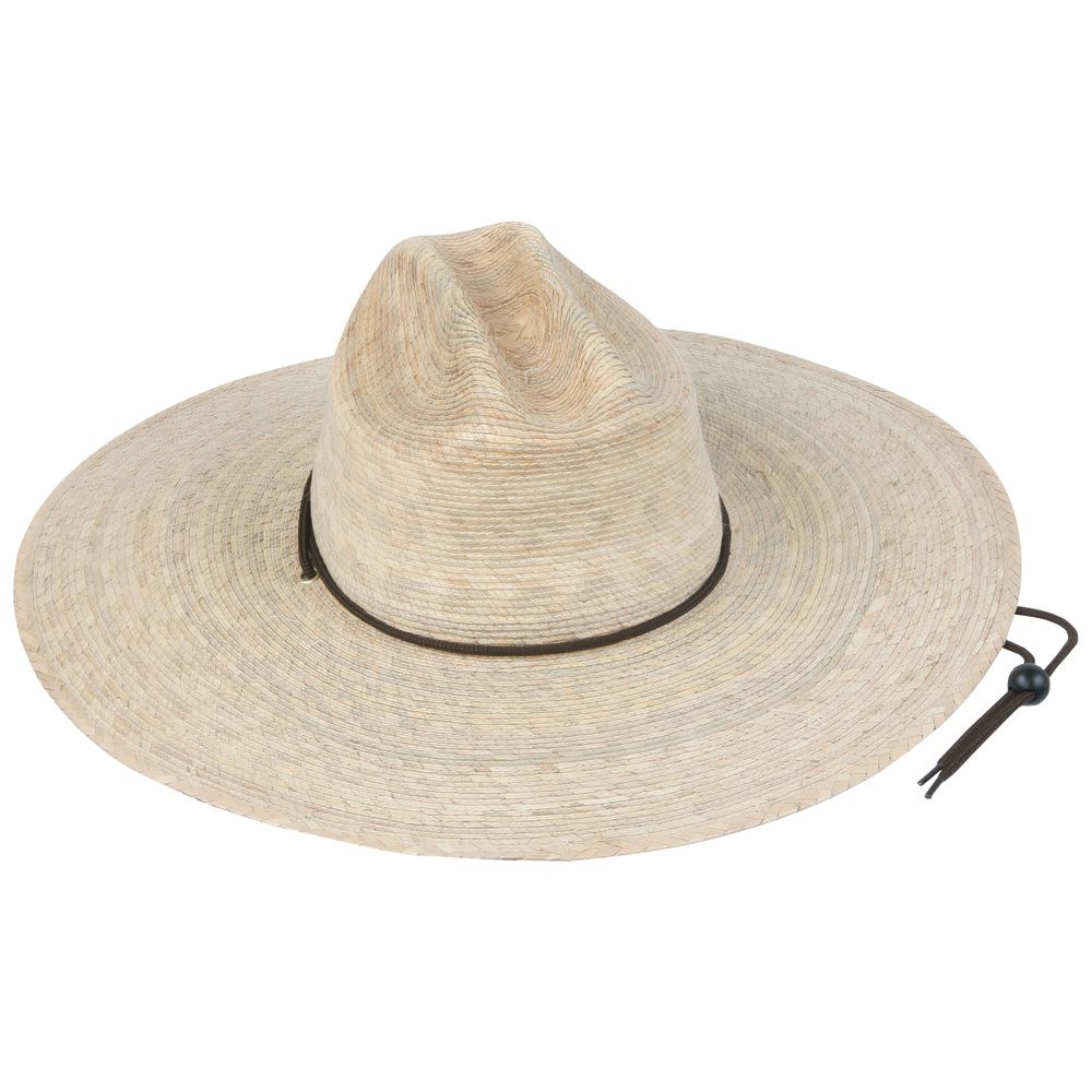 A wide-brimmed, beige straw hat with a black chin cord, photographed on a white background.