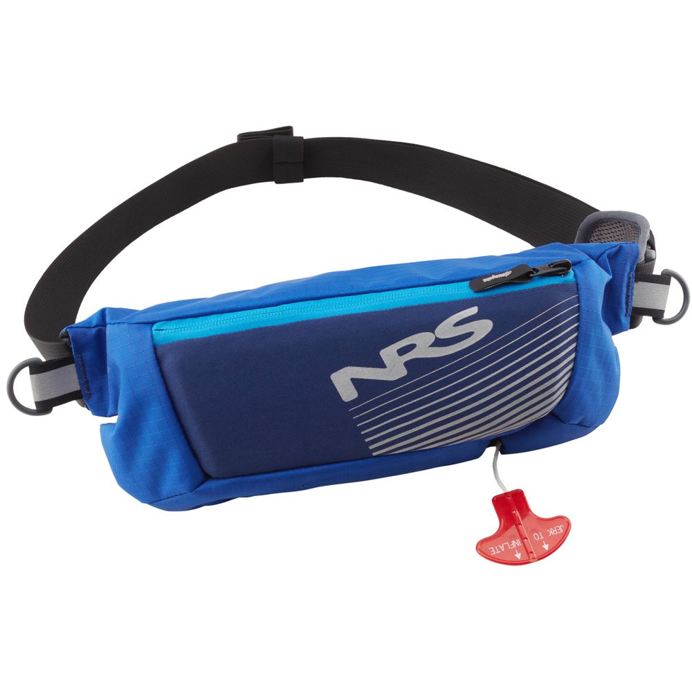 Blue fanny pack with "NRS" logo, black adjustable strap, and red pull tab.
