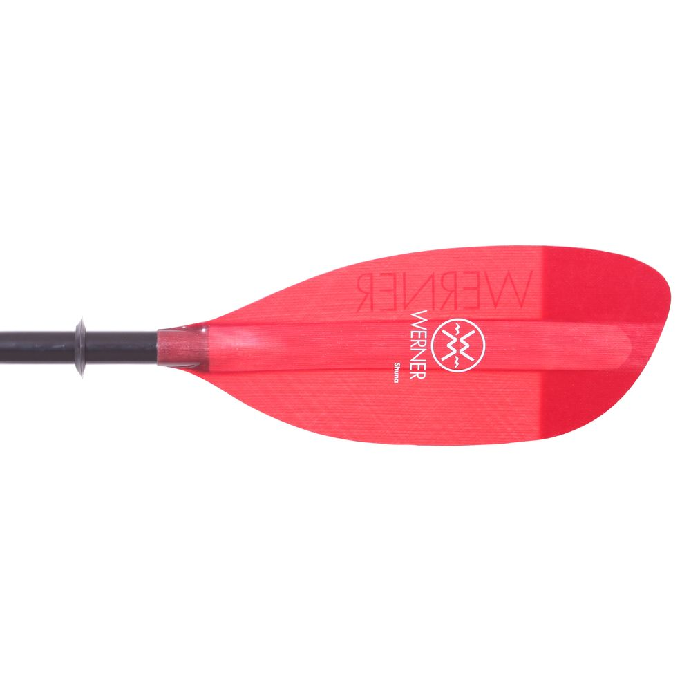 A red Werner kayak paddle with a black shaft is photographed against a white background.