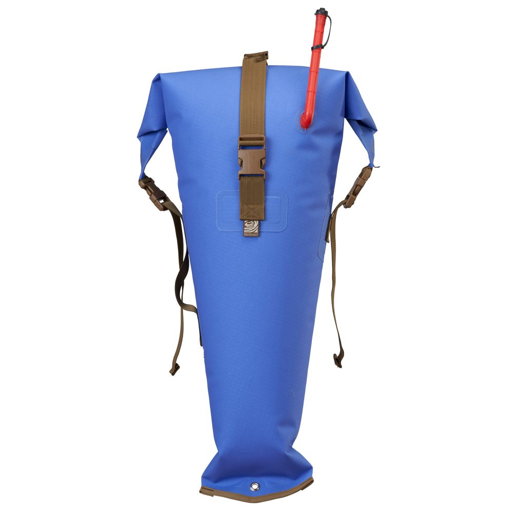 A blue waterproof dry bag with brown shoulder straps and a red whistle attached.