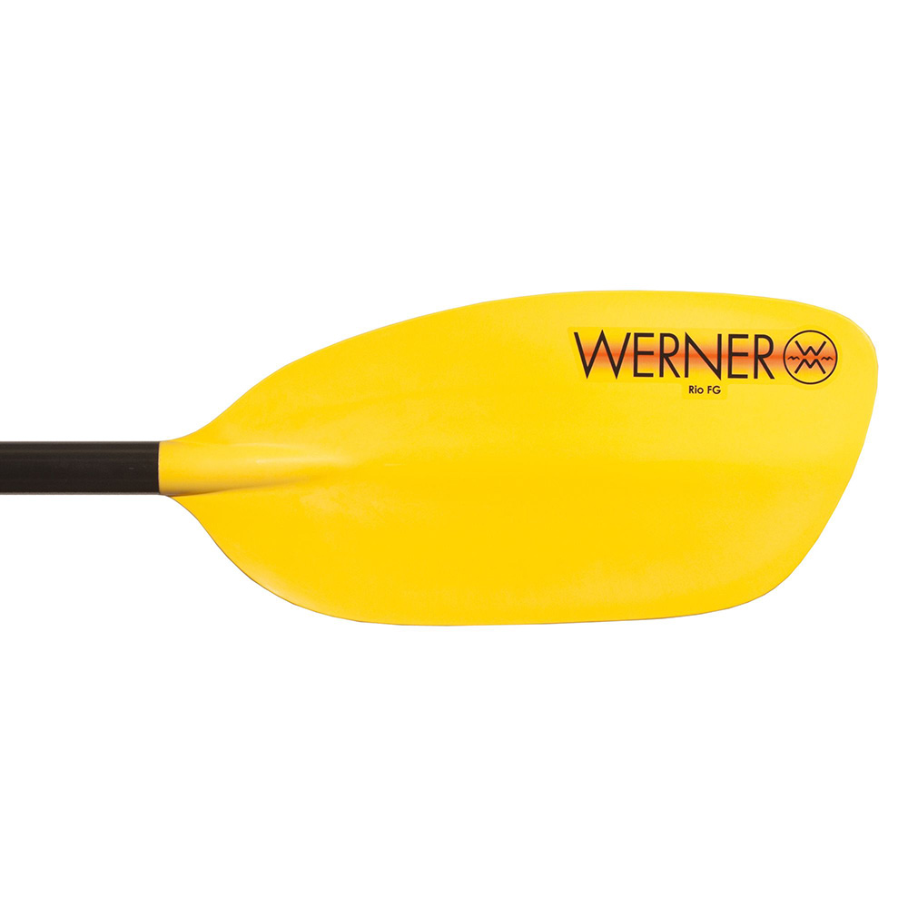 A yellow Werner Rio FG kayak paddle blade with a black handle.
