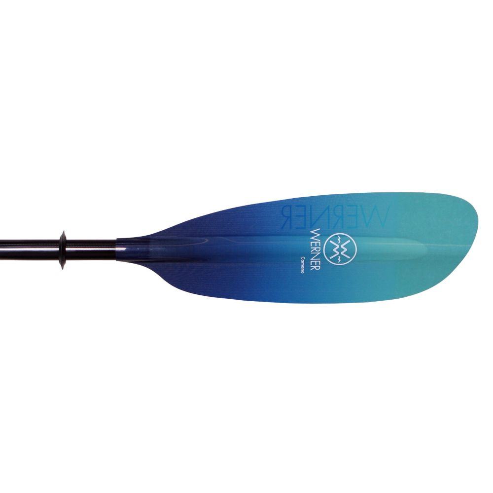 A kayak paddle with a blue gradient blade and a black shaft. The blade has the Werner logo and brand name printed on it.