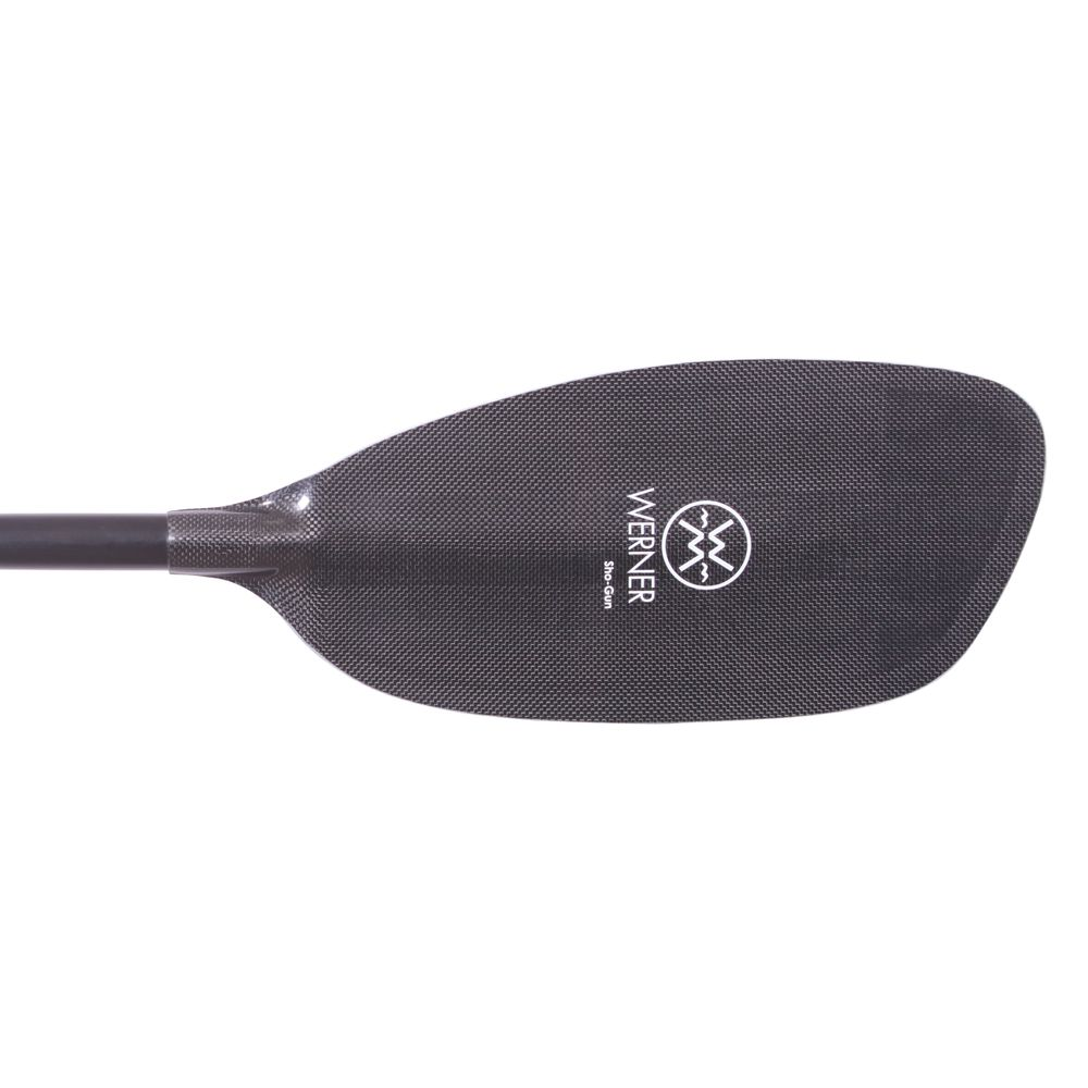 A carbon fiber kayak paddle blade from Werner with a textured surface and the company's logo printed on it.