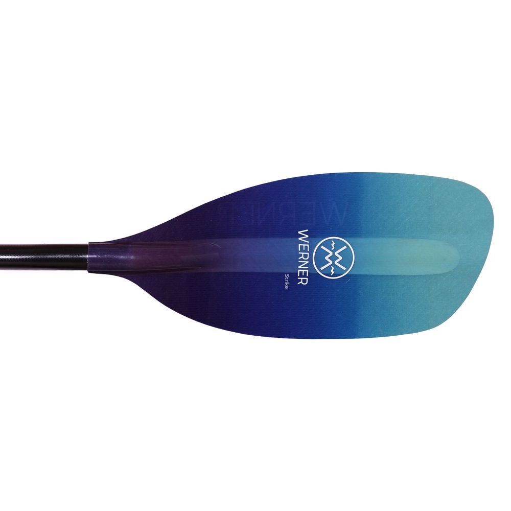 A blue Werner kayak paddle blade with a white logo and text, attached to a black shaft.
