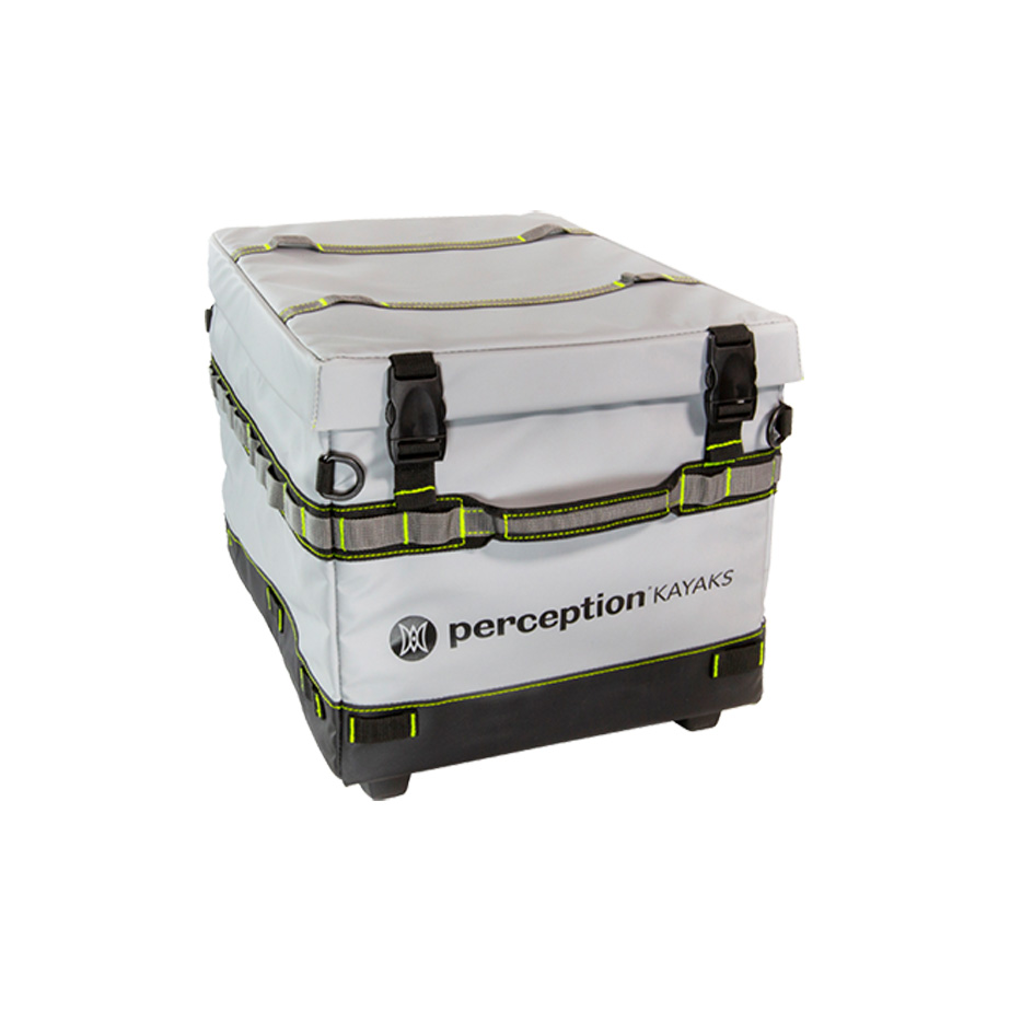 A soft-sided cooler with the Perception Kayaks logo, featuring a gray exterior, black straps, and neon green accents. The cooler appears to be rectangular and portable.