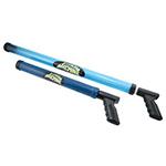 Two blue toy water blasters with black handles, one shorter and darker blue, the other longer and light blue, both labeled "Aqua Blaster.