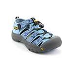 A light blue and grey closed-toe sandal with black accents and a strap for fastening.