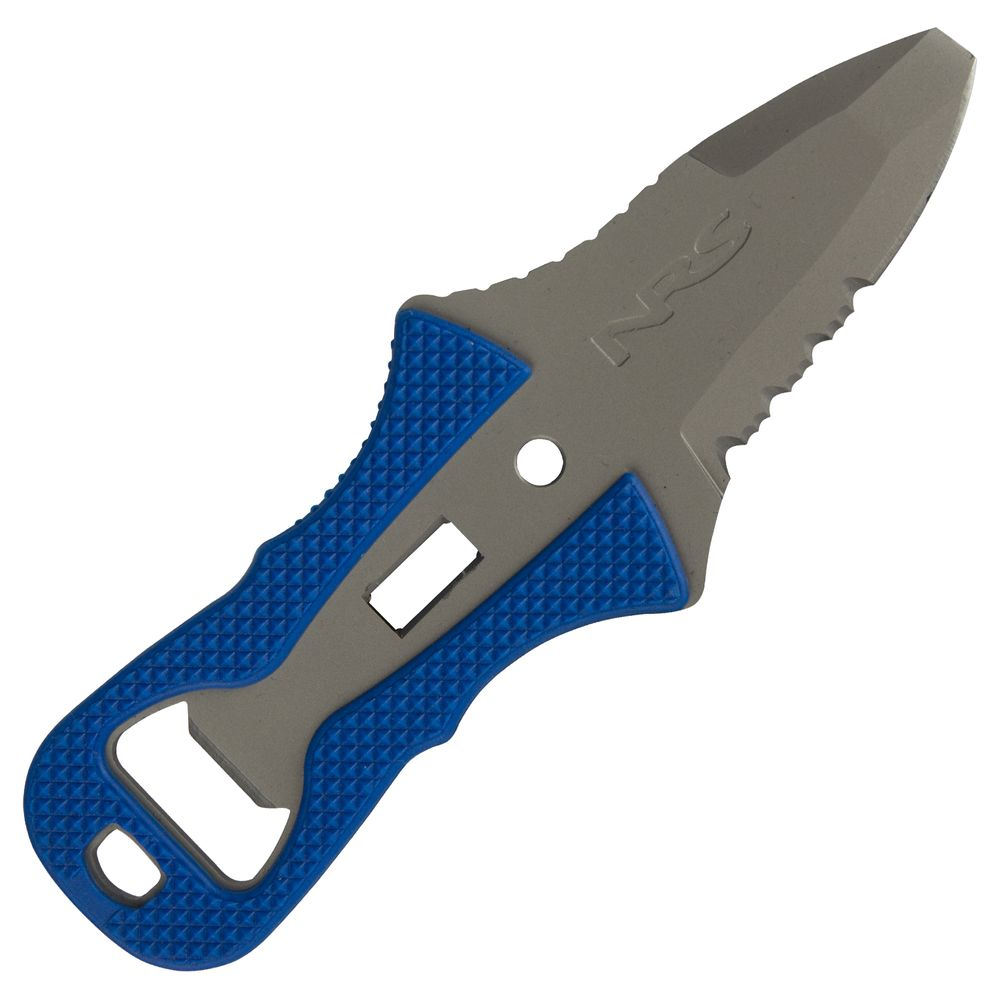 A small knife with a blue handle, featuring a sharp blade and serrated edge.