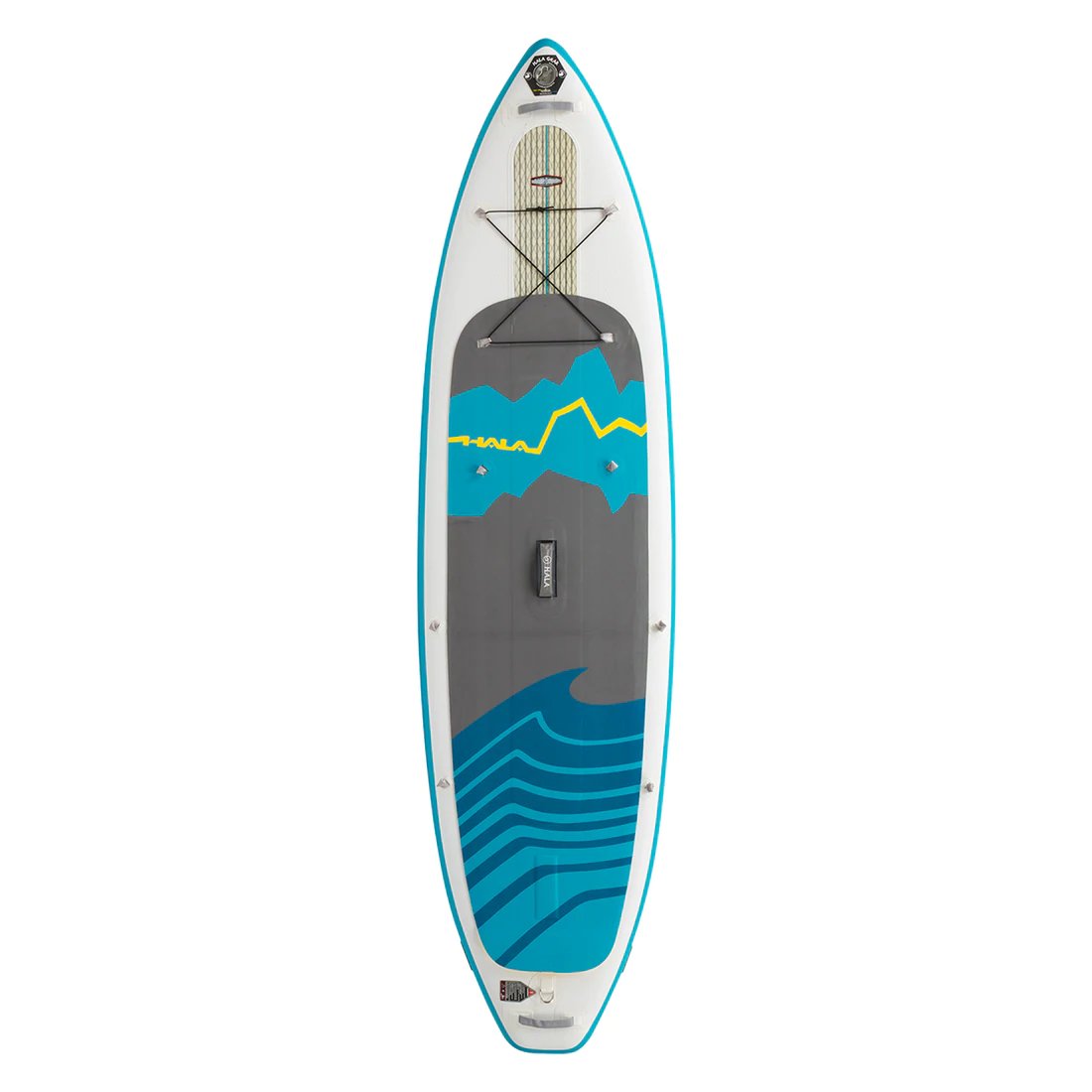 A blue and grey stand-up paddleboard with a mountain and water wave design, featuring a bungee cord storage area at the front and a fin mount underneath.