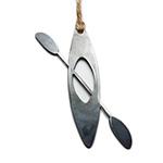 A metal kayak-shaped ornament with attached paddles, hanging from a rope loop.