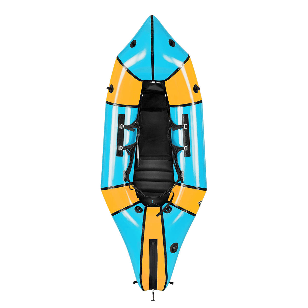 Inflatable kayak with blue and yellow panels, an adjustable black seat, and secured clips on either side, viewed from above.