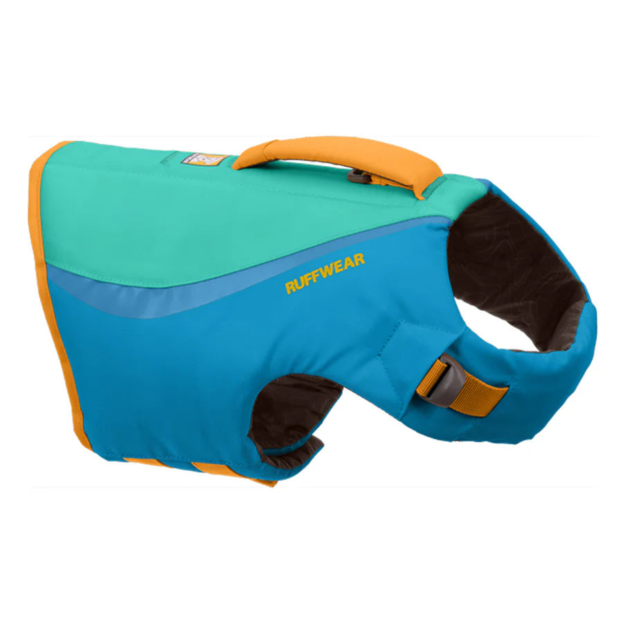 Blue and teal dog life jacket with orange accents and a handle on top, featuring the brand name "RUFFWEAR" on the side.