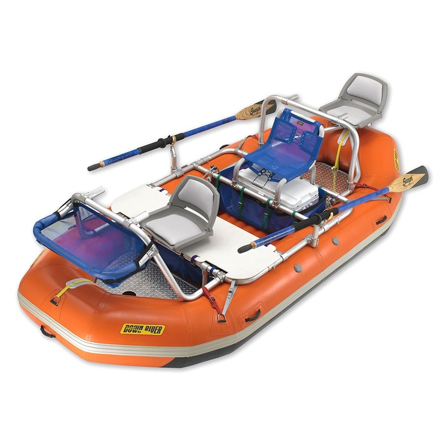 An orange and blue inflatable river rafting boat with multiple seats, oars, and metal frame.