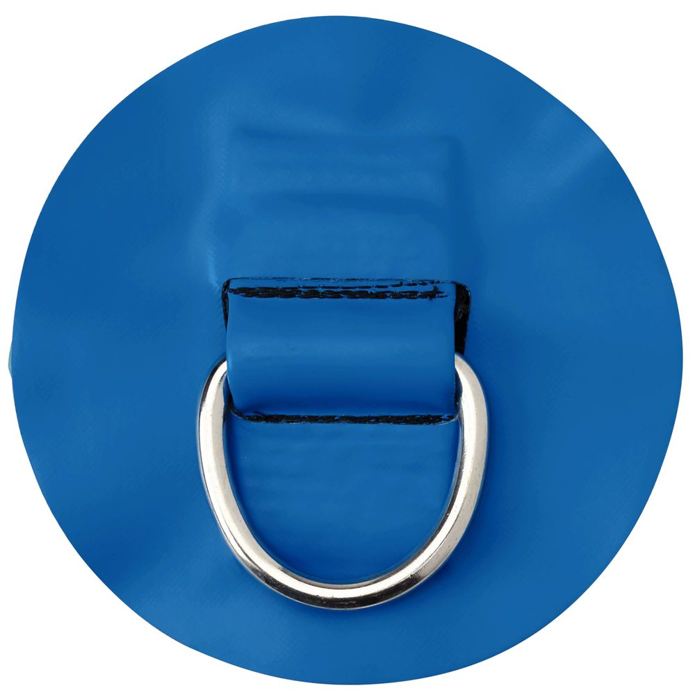 Close-up of a metal D-ring attached to a blue circular fabric patch.