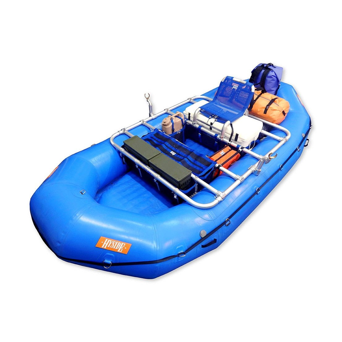 A blue inflatable raft with a metal frame, equipped with gear and supplies, including bags and a storage box, on a white background.