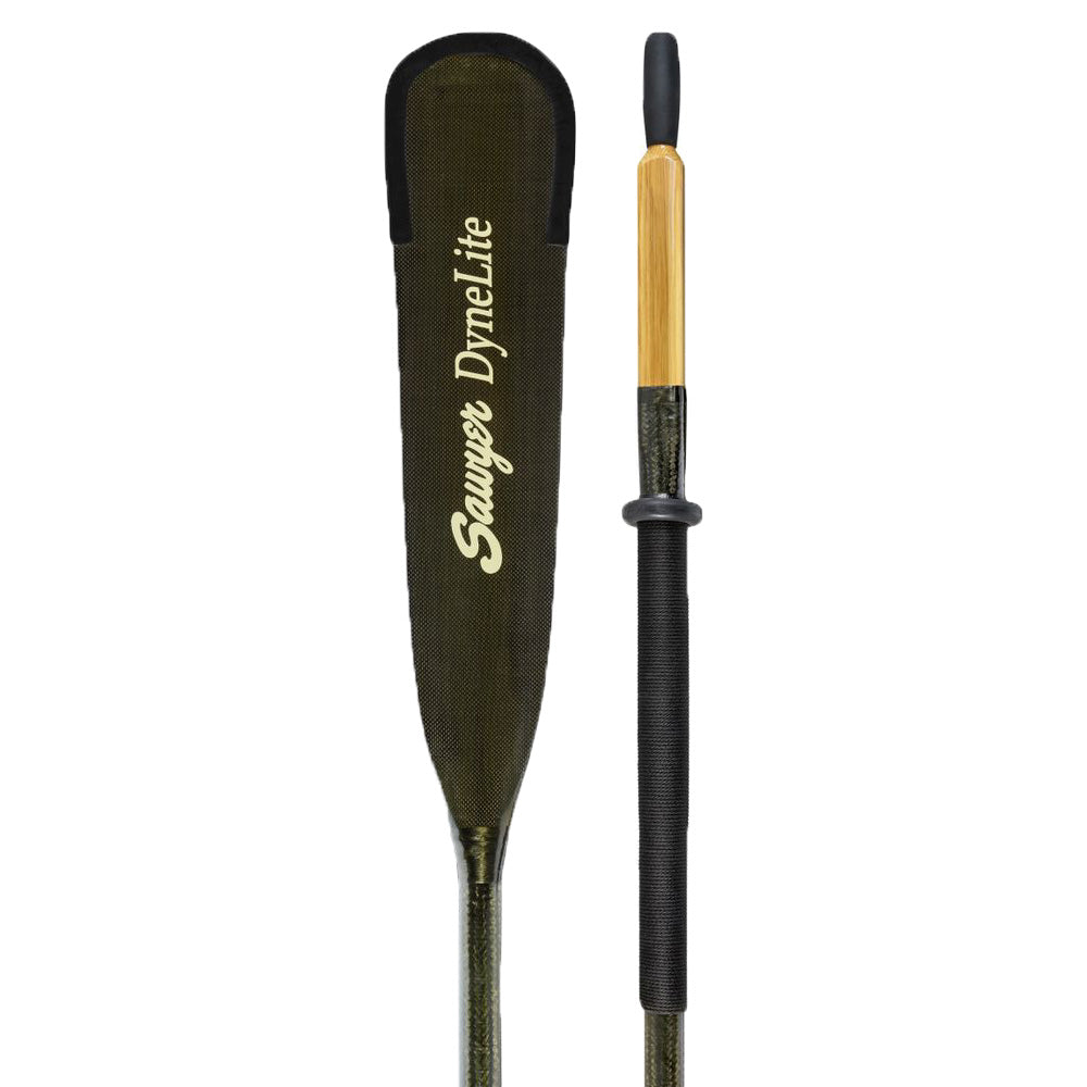 Two views of a single Sawyer Dynelite paddle: one showing the wide blade with branding, the other showing the handle and grip area.
