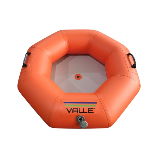An orange, octagonal-shaped inflatable tube with black handles on four sides and the brand name "VALLE" printed on one side.