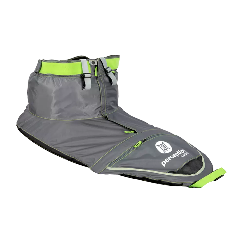 Grey and green hiking gaiters with a buckle strap, zipper, and logo reading "perception LUNA".