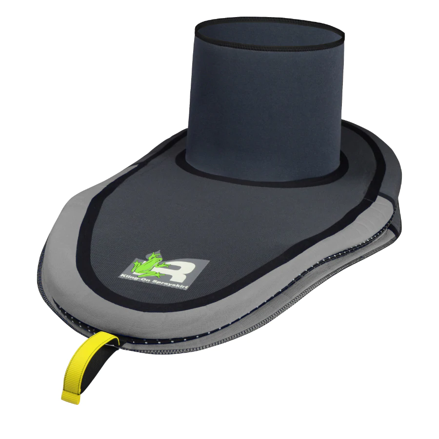 A black and gray kayak spray skirt with a yellow pull tab, designed to seal the cockpit and keep water out.