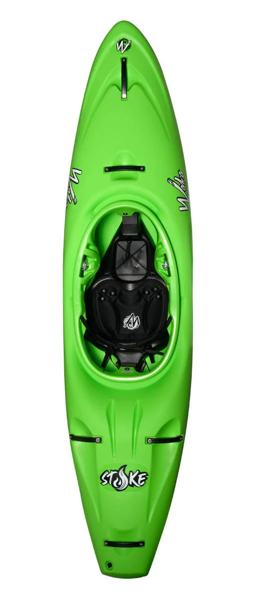 Bright green kayak with a central seat and black padding, featuring the brand logo "W" and the word "Stoke" in white. The kayak has handles on both ends and a sleek, narrow design.